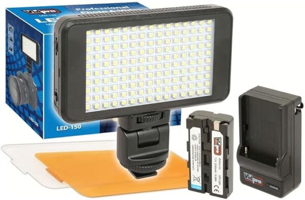 Vidpro LED-150 Photo and Video Light Kit - On Camera Panel LED Light - Adjustable and Dimmable Light Fits Cameras Video Camcorders and DLSR w/Hot Shoe Includes Rechargeable Battery Diffuser and More