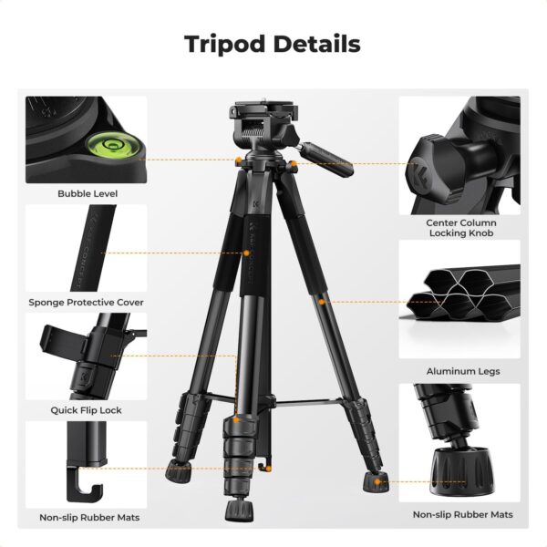 K&F Concept  Lightweight, Portable Camera Tripod, 75", Black - Image 9