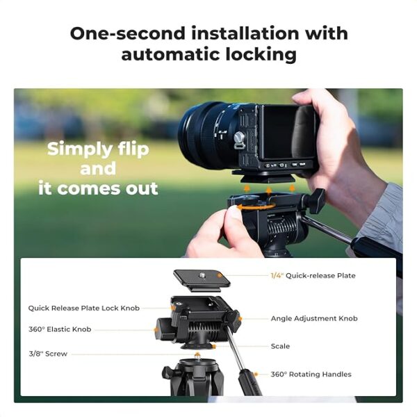 K&F Concept  Lightweight, Portable Camera Tripod, 75", Black - Image 5