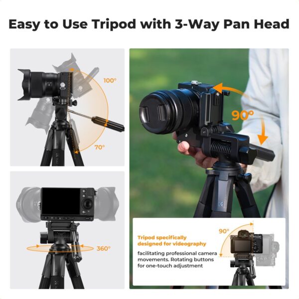 K&F Concept  Lightweight, Portable Camera Tripod, 75", Black - Image 6